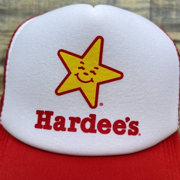Hardee's Mens Trucker Hat Red Snapback Fast Food Retro Restaurant Logo Ball Cap - Picture 3 of 8